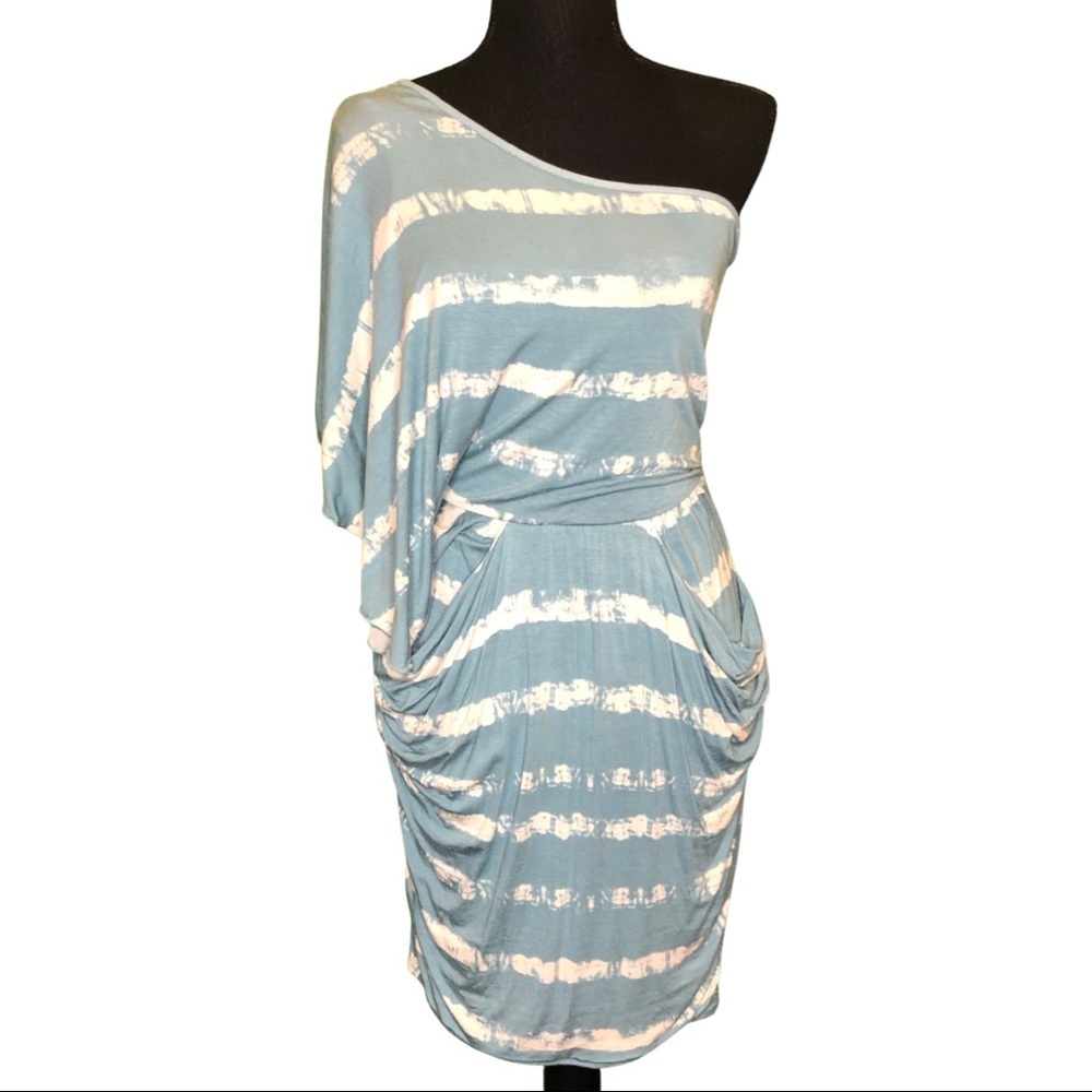 Asymmetrical Blue and White One Shoulder Statement Sleeve Dress